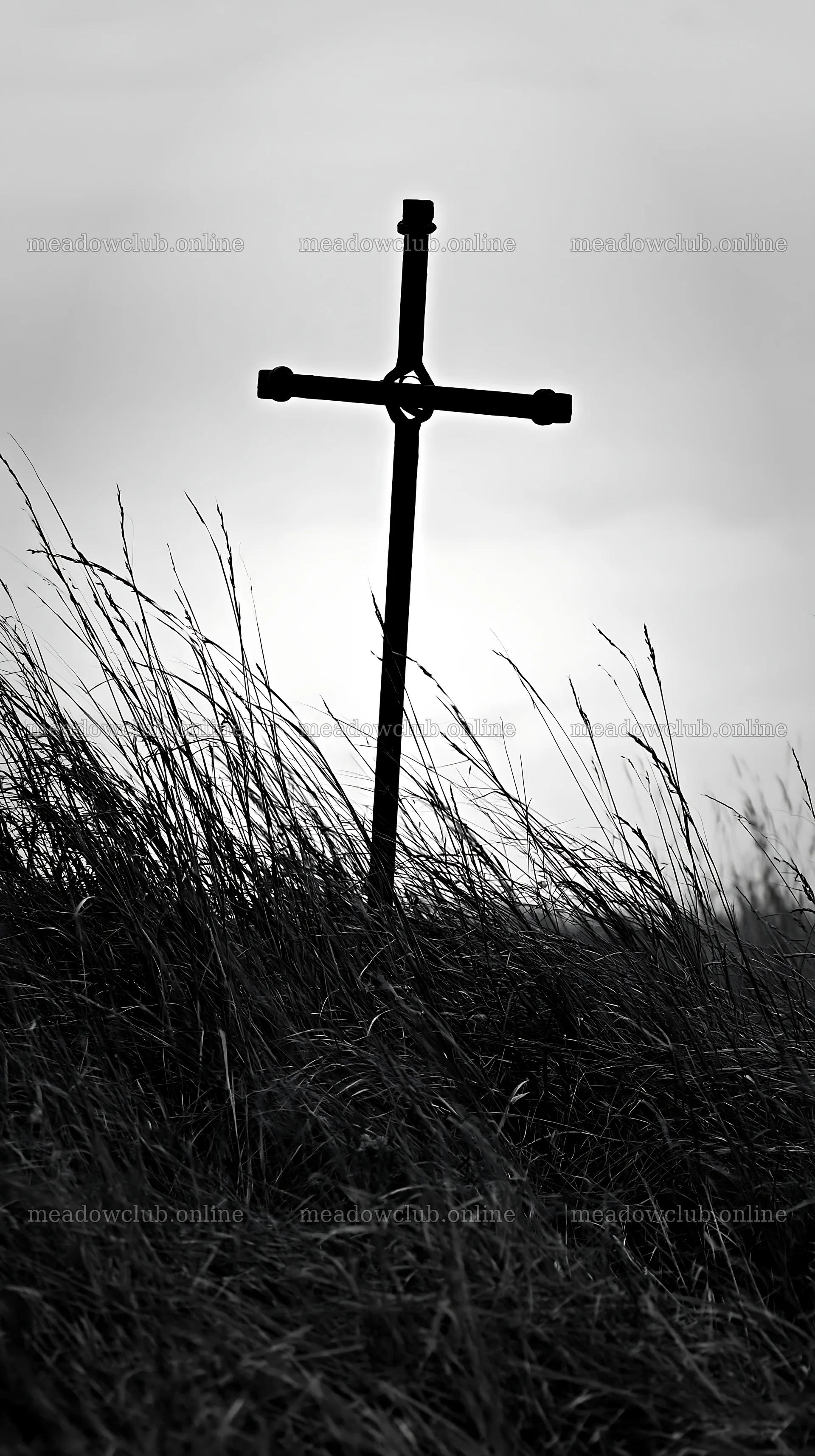 Iron Christian cross stands in a valley meadow – meadow photos 5938x10608