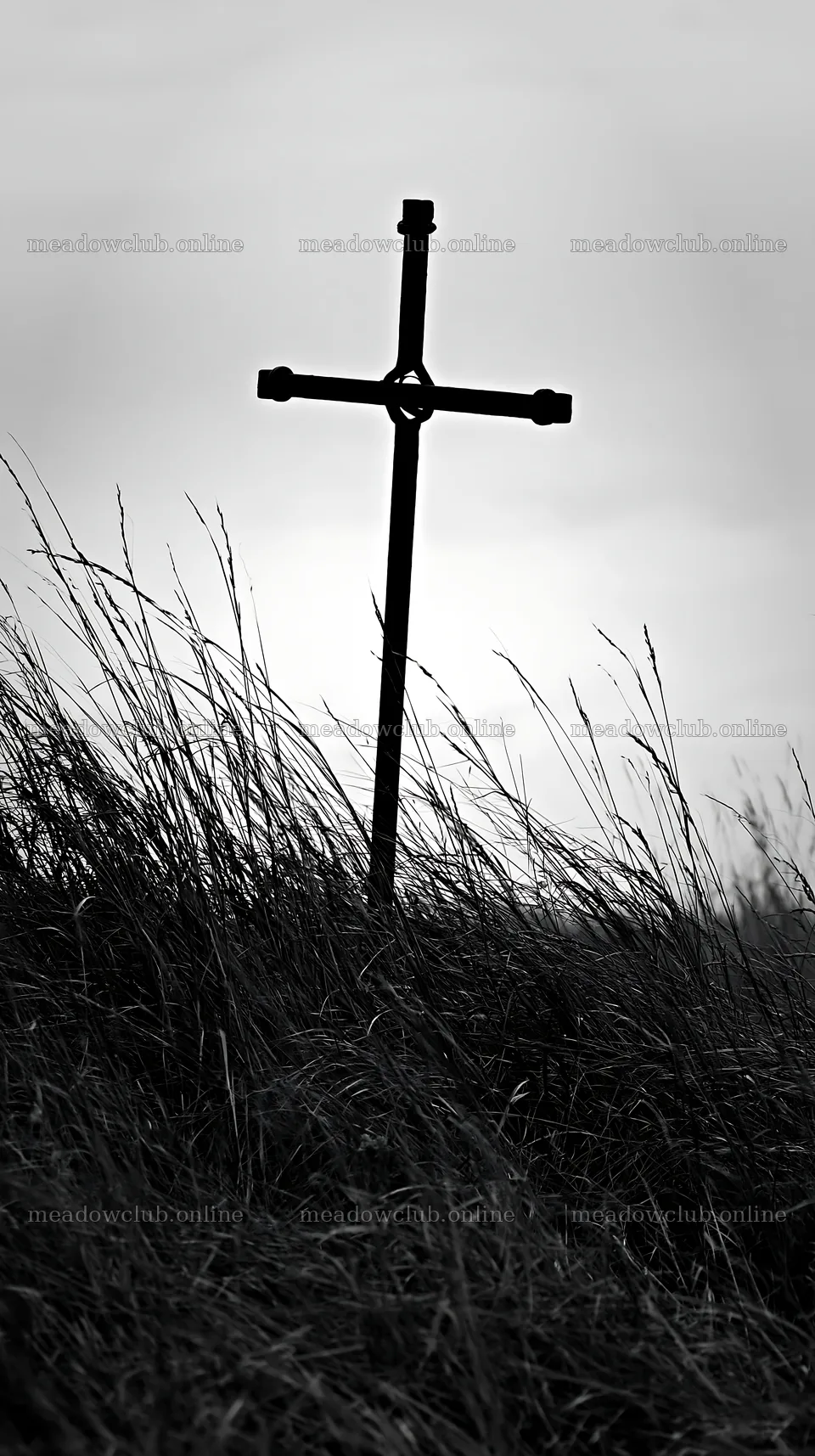 Iron Christian cross stands in a valley meadow – meadow photos 5938x10608