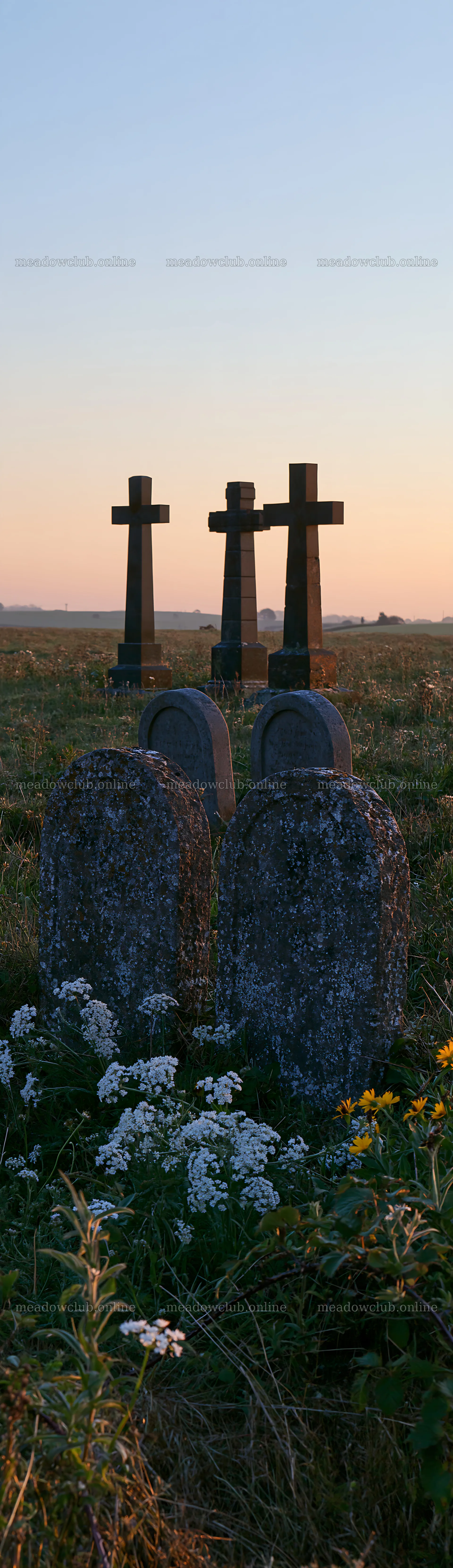 Three Christian crosses in a meadow at sunrise – meadow photos 4268x14762