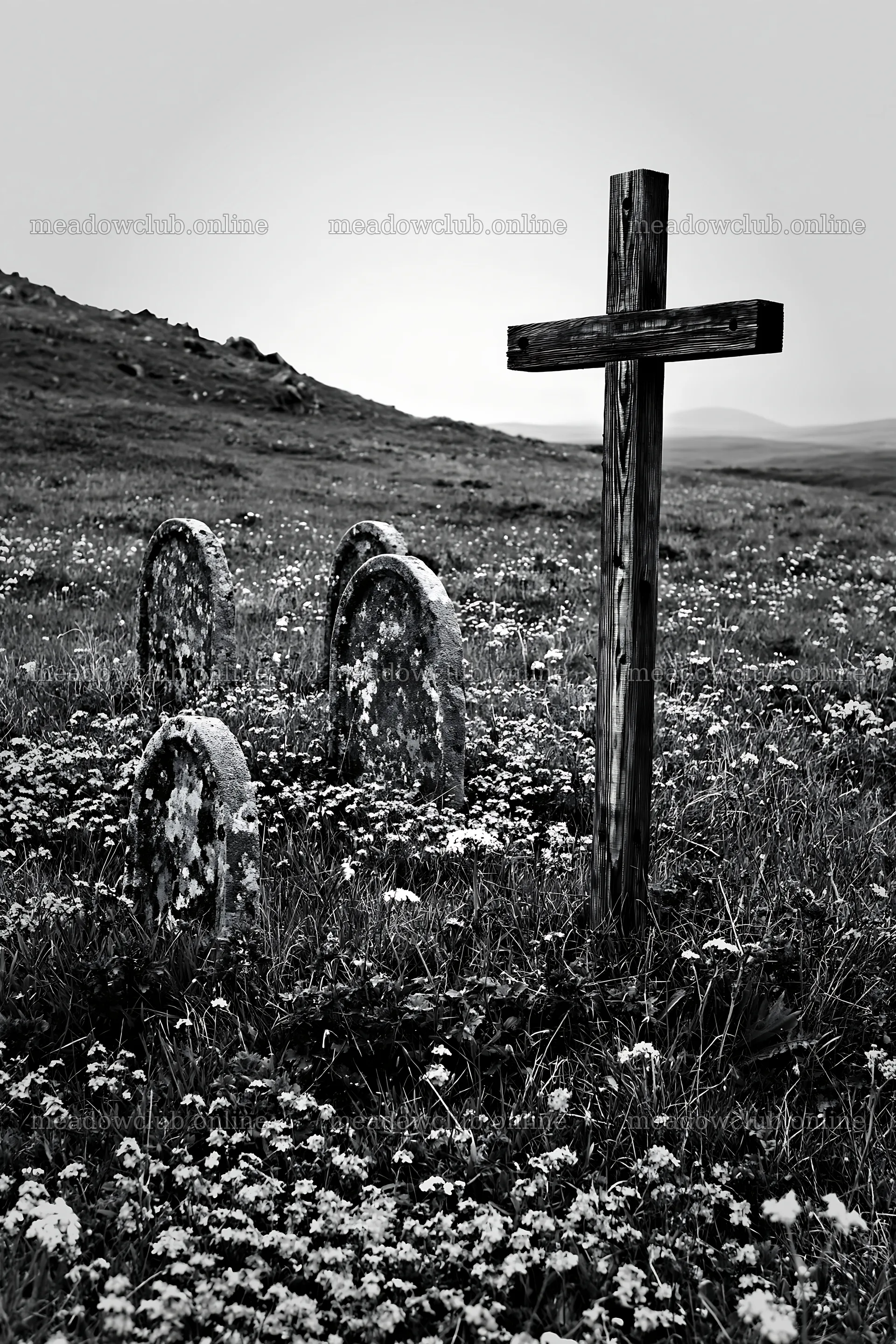 Christian cross surrounded by gravestones in a meadow – meadow photos 6480x9722