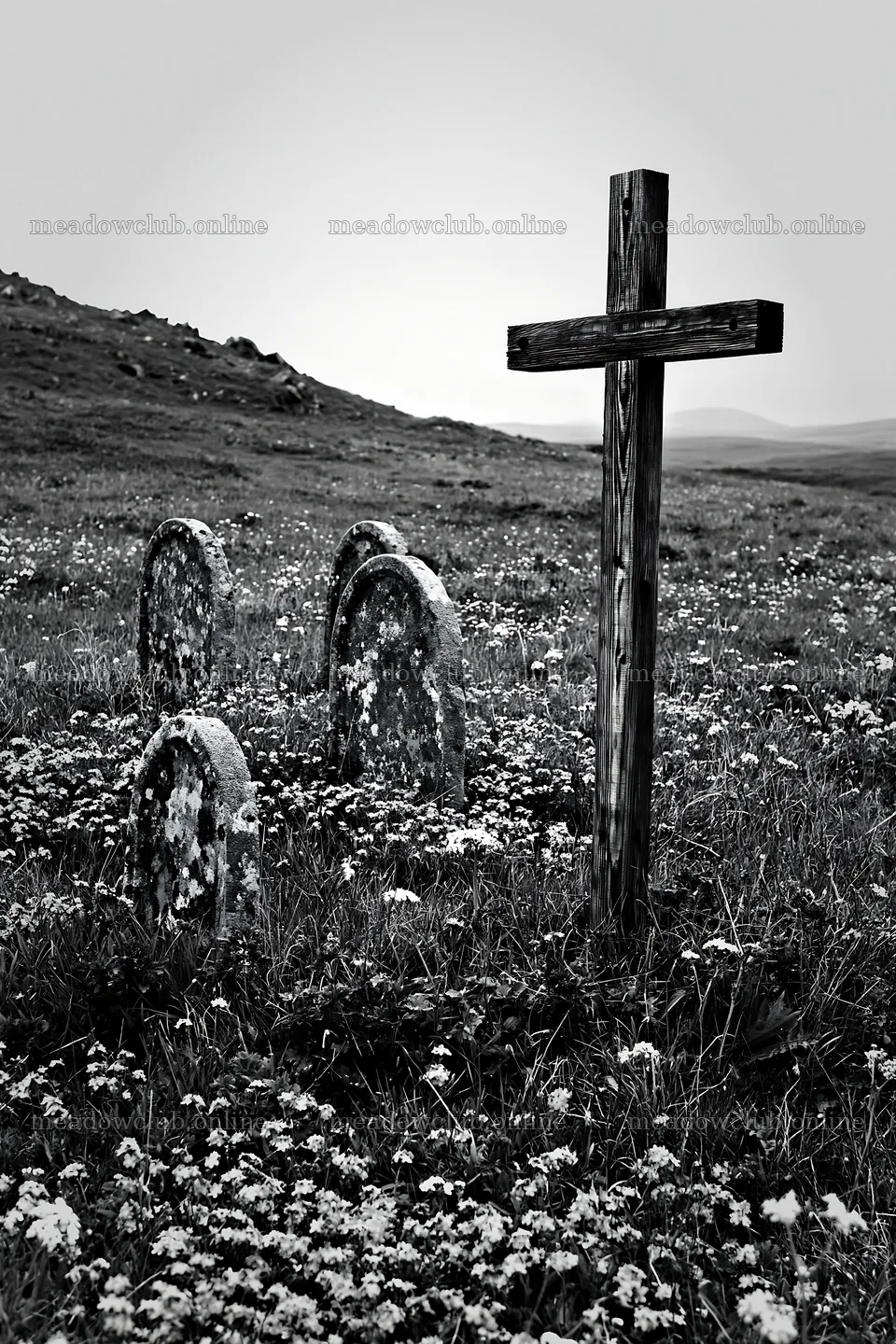 Christian cross surrounded by gravestones in a meadow – meadow photos 6480x9722