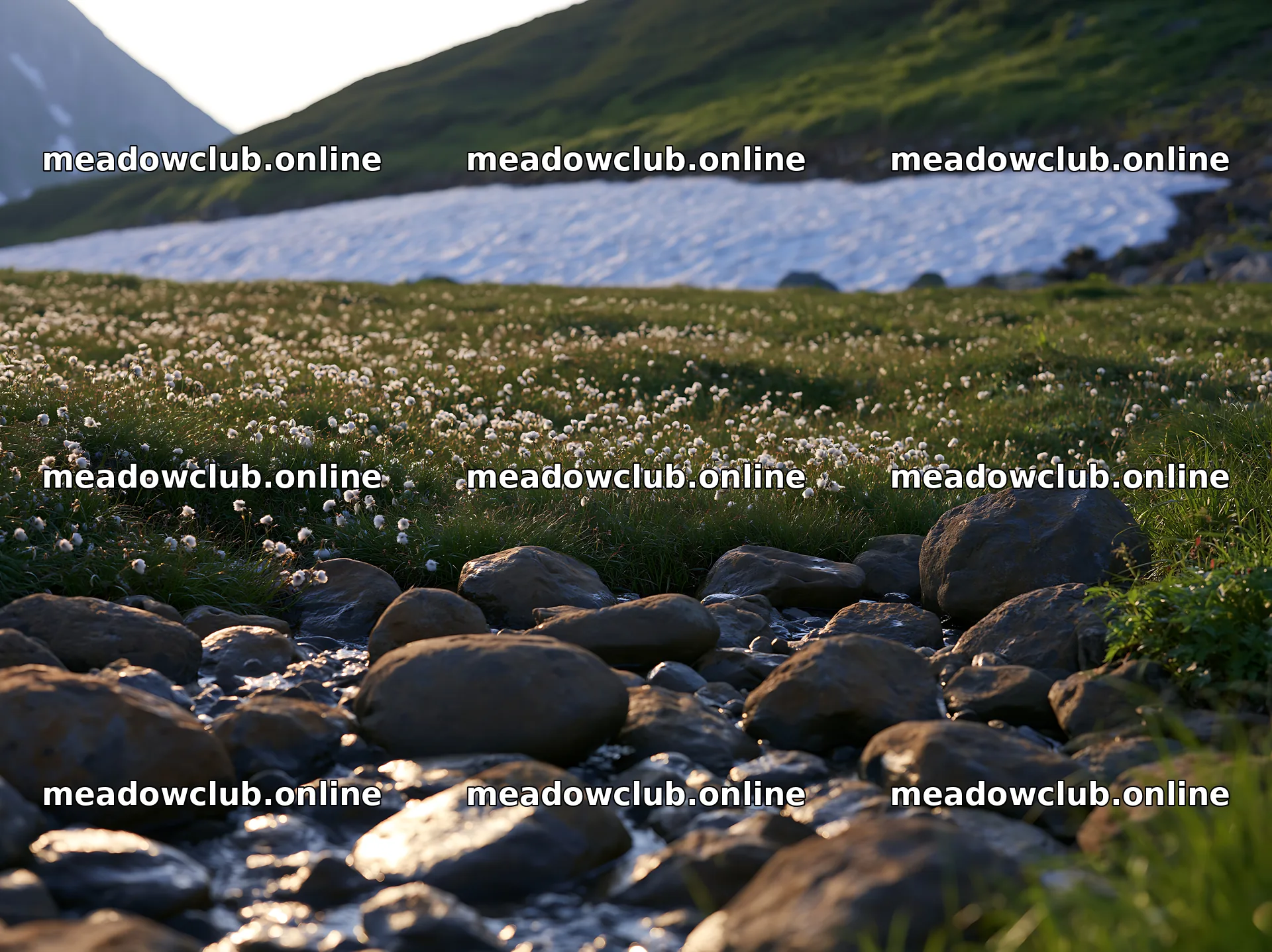 Toyama alpine meadow snowmelt rock foreground with dandelions – meadow photos 9174x6866