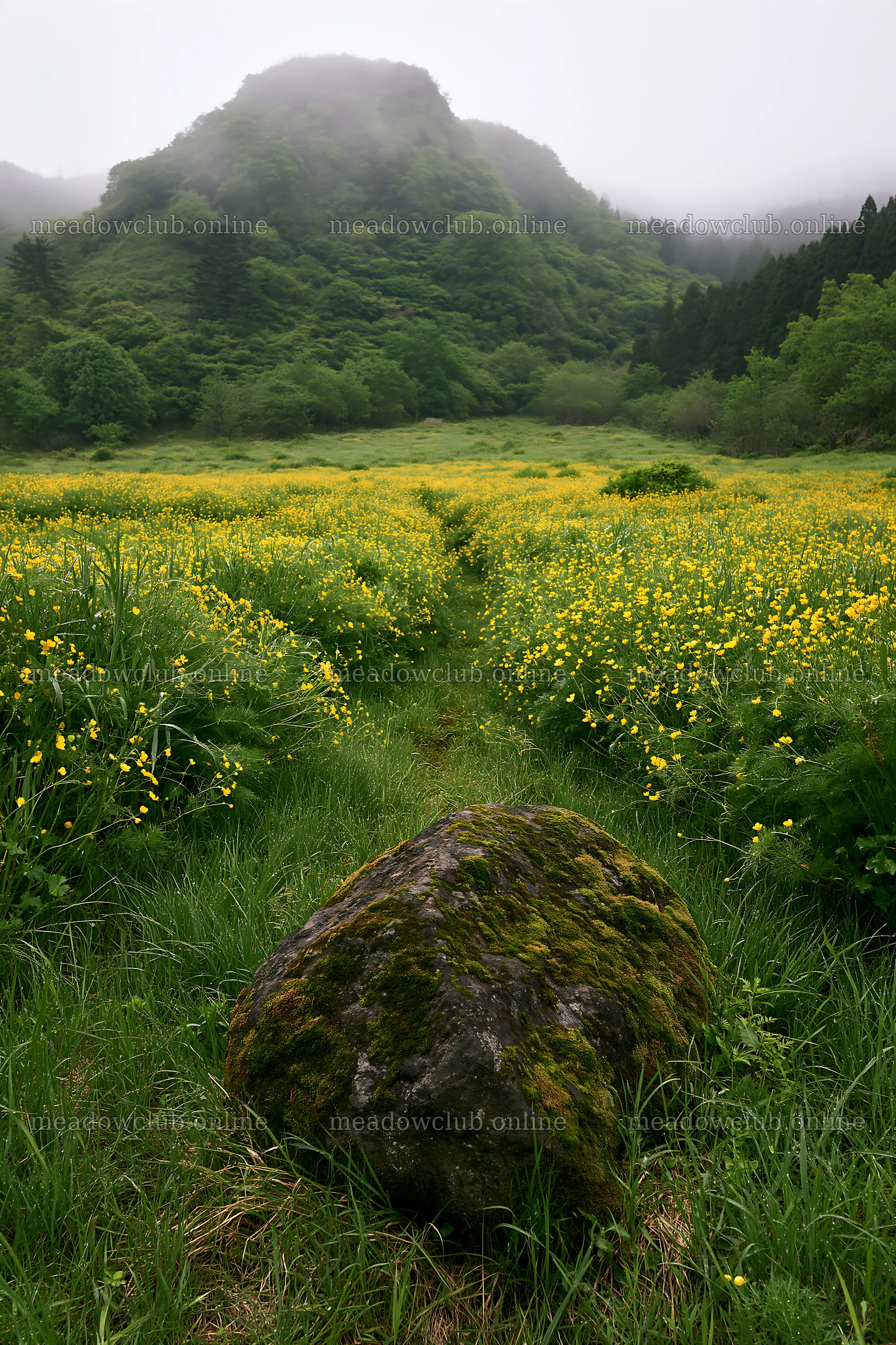Misty meadow with moss covered stone in Shimane – meadow photos 6480x9722
