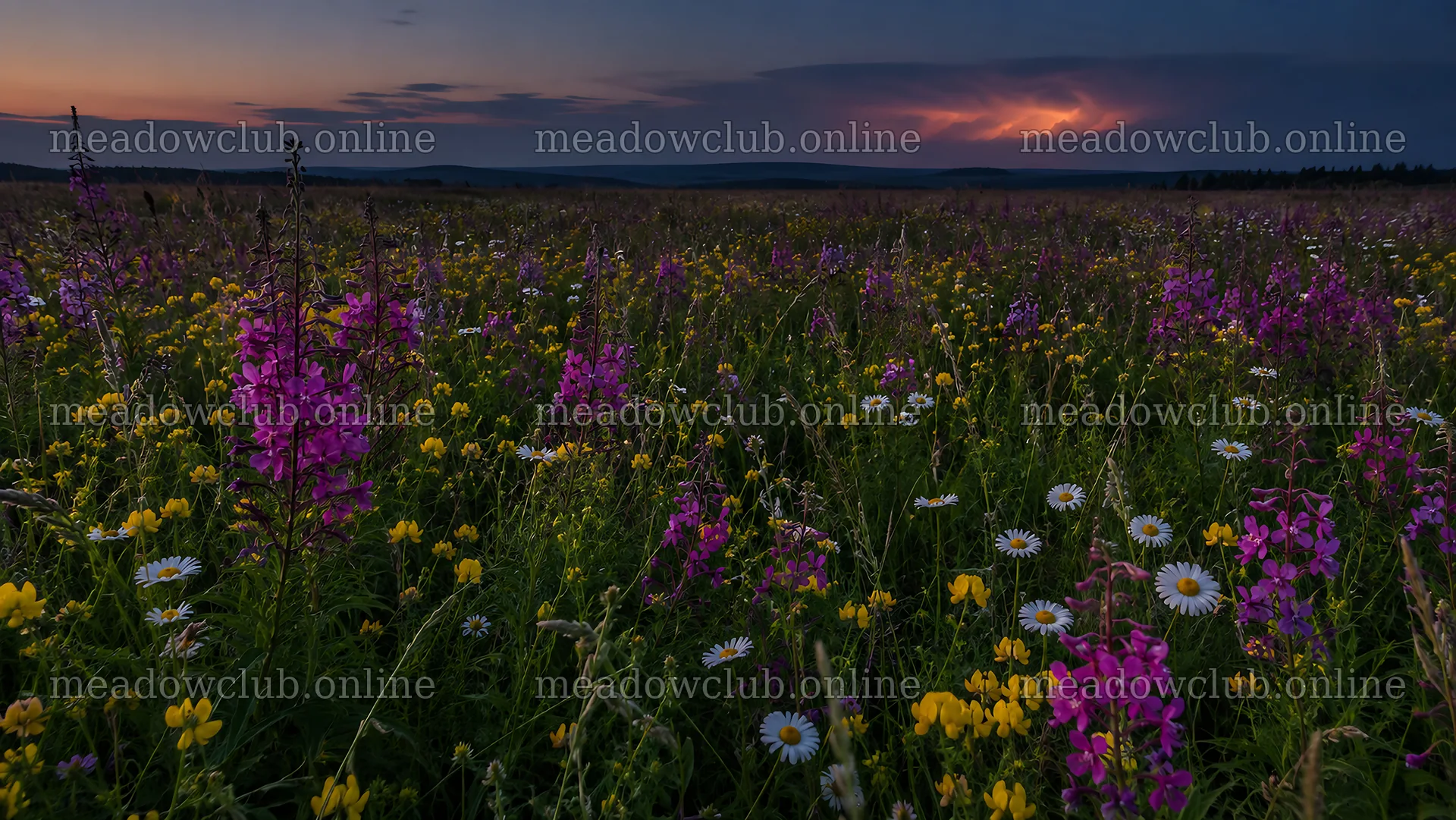 Dark Wildflower Meadow Beneath a Glowing Dusk Sky – meadow photos 10324x5812