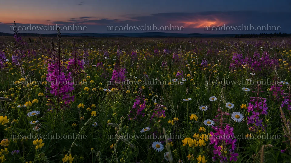 Dark Wildflower Meadow Beneath a Glowing Dusk Sky – meadow photos 10324x5812