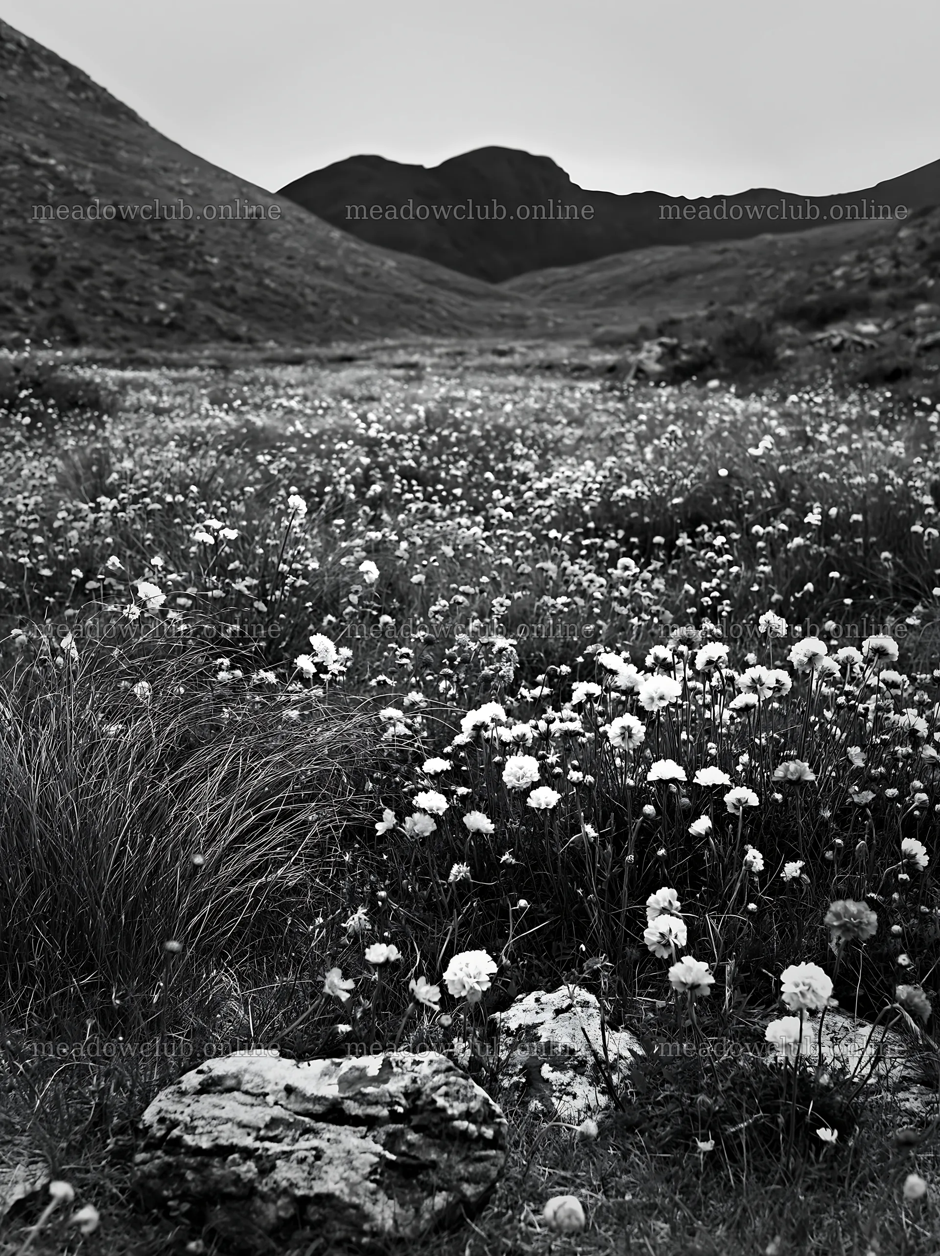 Cloudy rockrose meadow with distant mountains – meadow photos 6866x9174