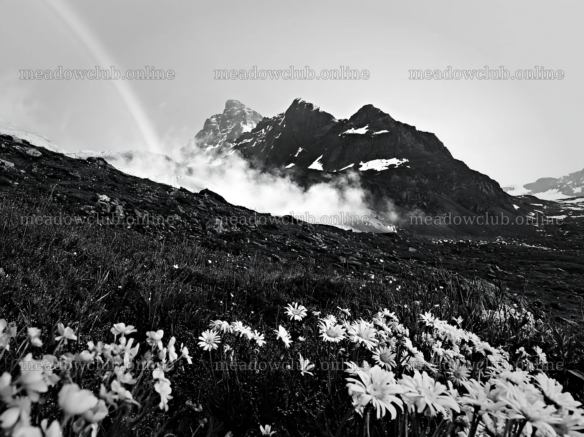 Matterhorn alpine wildflower meadow with mountains and clouds – meadow photos 9174x6866
