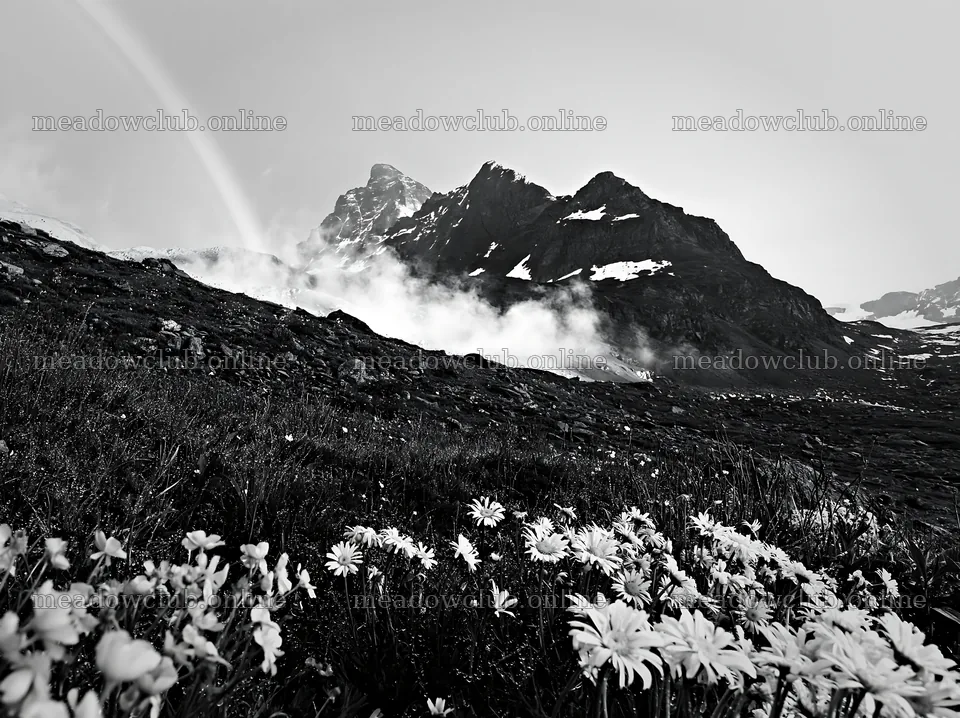 Matterhorn alpine wildflower meadow with mountains and clouds – meadow photos 9174x6866