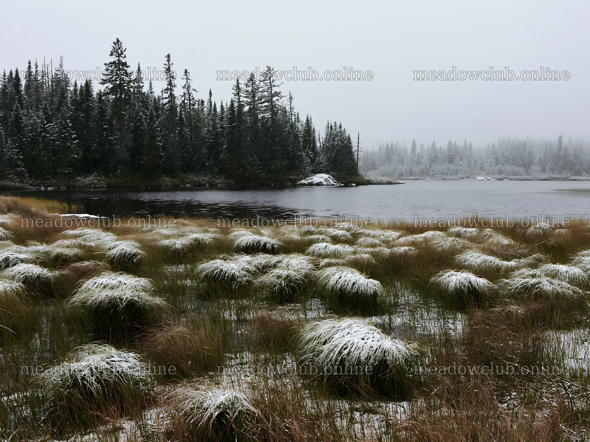 Lakeside meadow after first snowfall in winter scene – meadow photos 9174x6866
