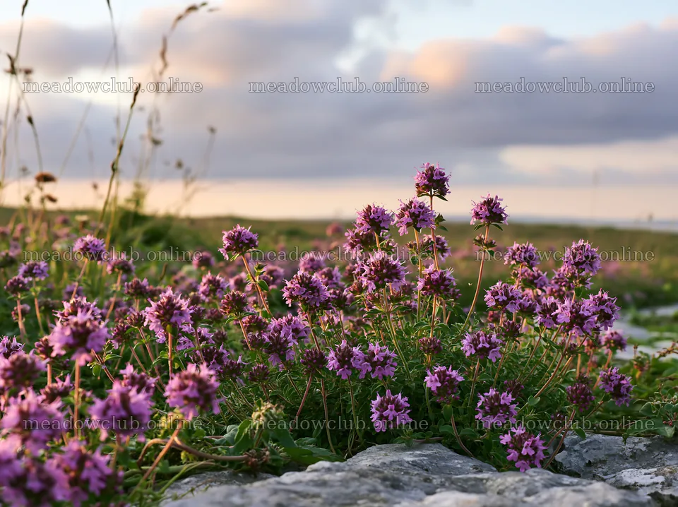 Cloudy meadow with wild thyme blooms at sunset – meadow photos 9174x6866