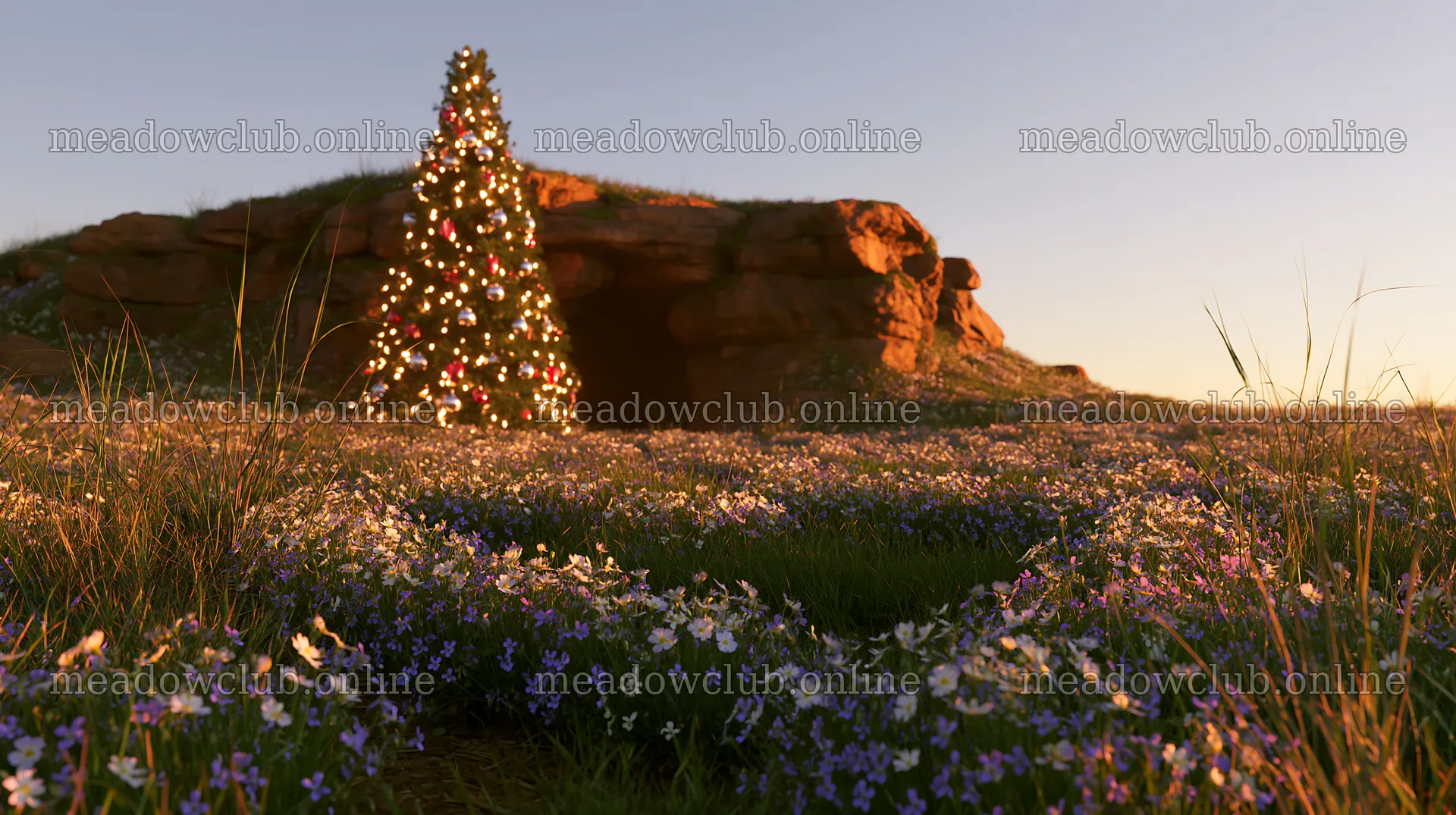 Christmas tree beside cave in meadow during sunset – meadow photos 10608x5938