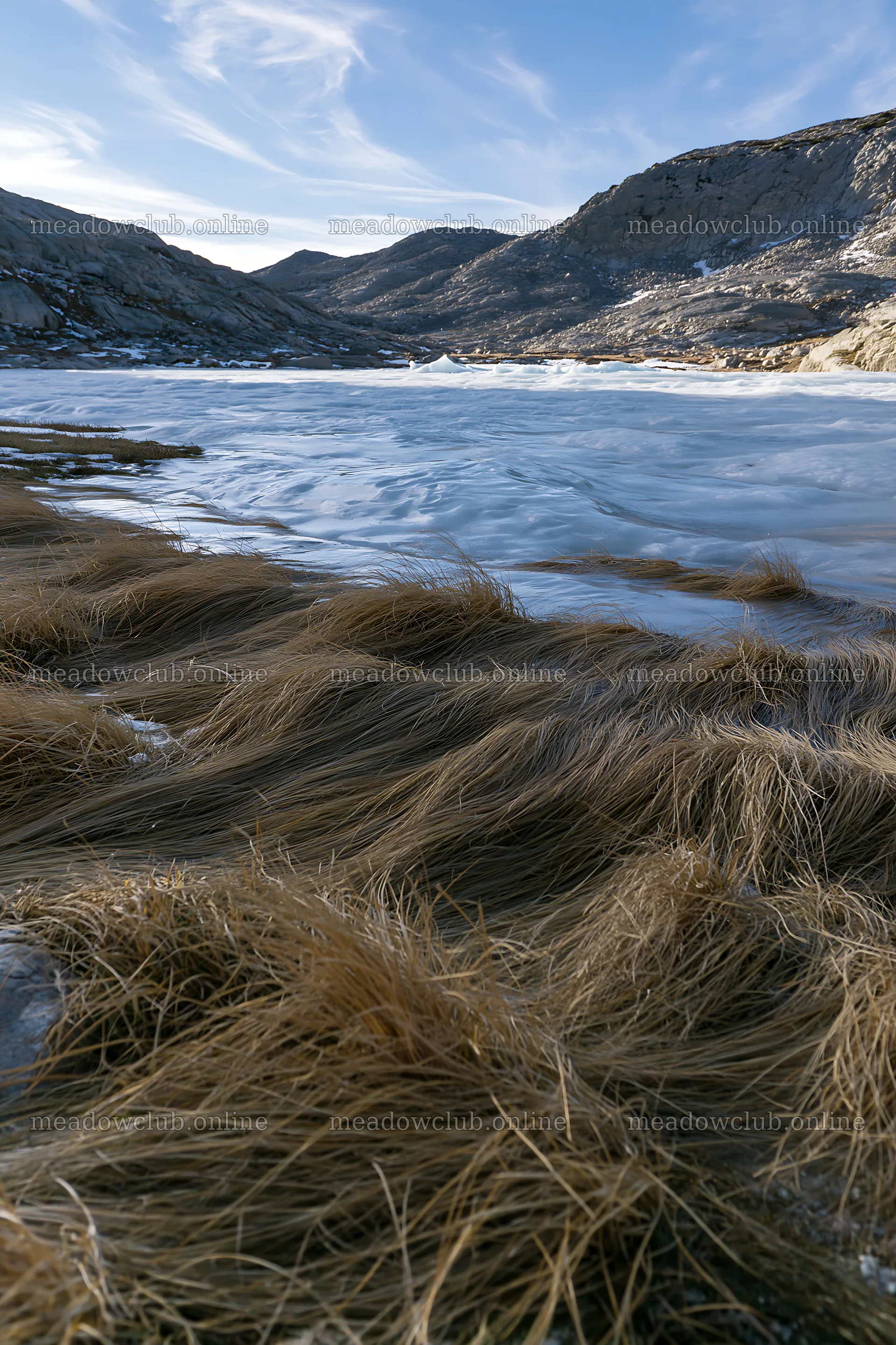 Frozen tarn meadow with grass and mountains in the background – meadow photos 6480x9722