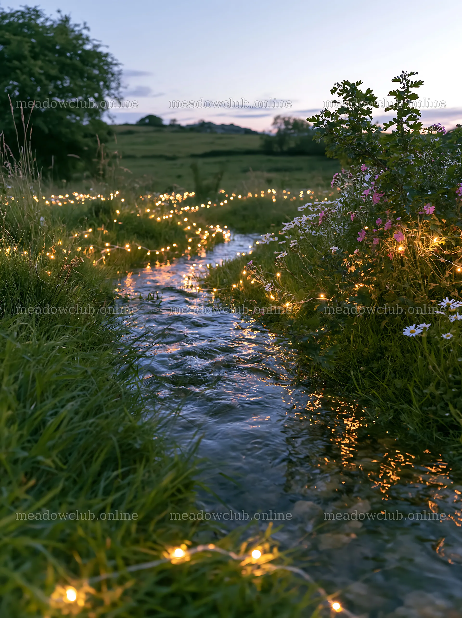 Stream with Christmas lights in meadow at dusk – meadow photos 6866x9174