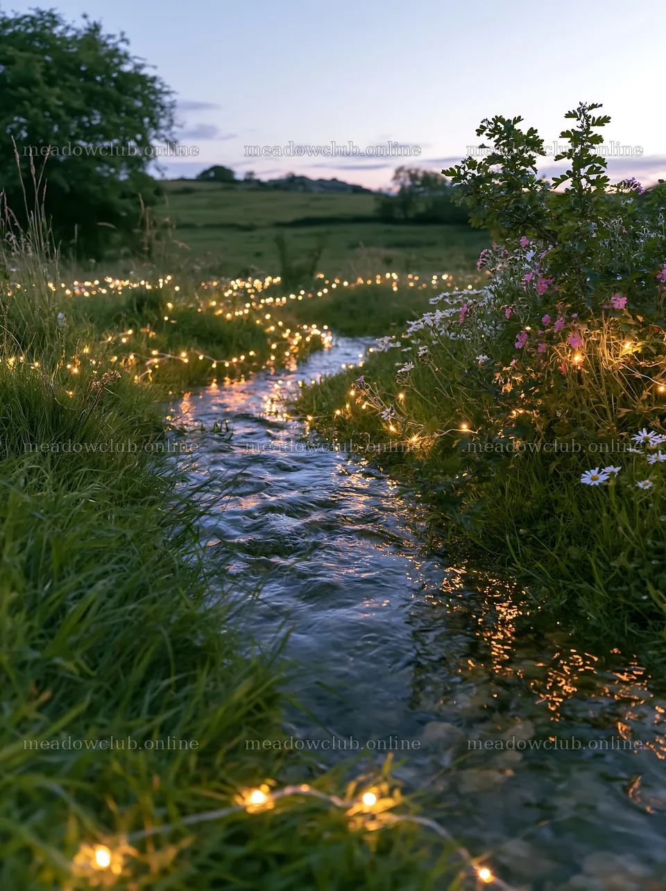 Stream with Christmas lights in meadow at dusk – meadow photos 6866x9174