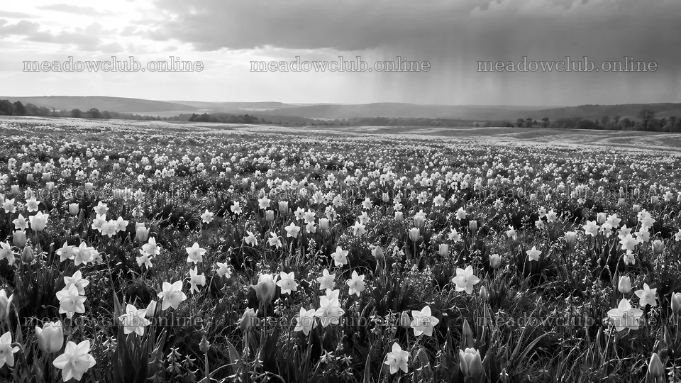 Monochrome Spring Bulb Meadow Under a Rainy Sky – meadow photos 10324x5812