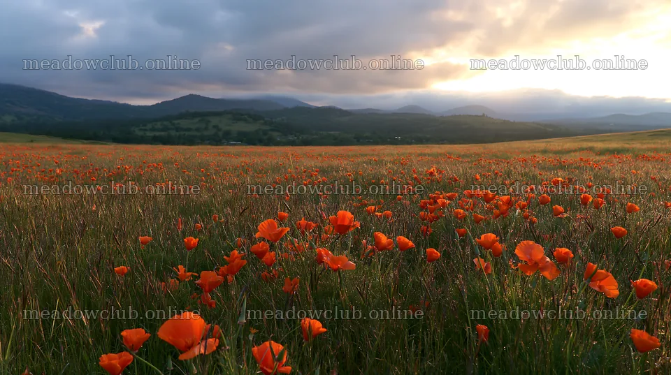 Cloudy foothill meadow with orange flowers in bloom – meadow photos 10608x5938