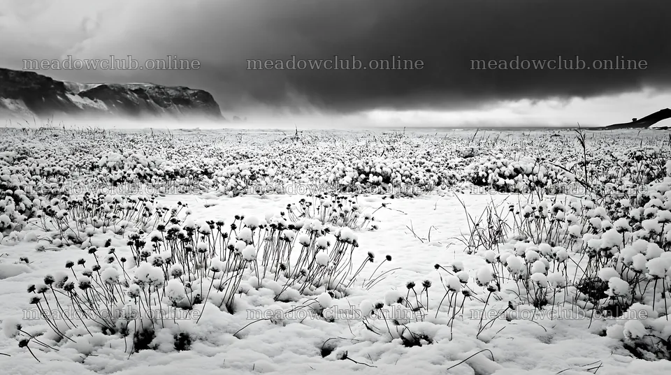 Dune meadow covered in snow near cliffs on a cloudy day – meadow photos 10608x5938