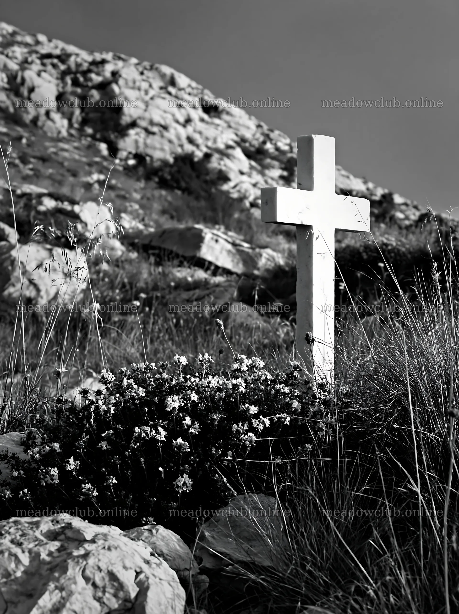 White Christian cross in remote meadow with flowers – meadow photos 6866x9174