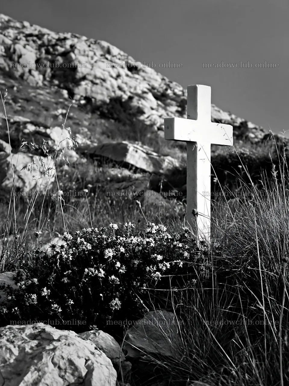 White Christian cross in remote meadow with flowers – meadow photos 6866x9174