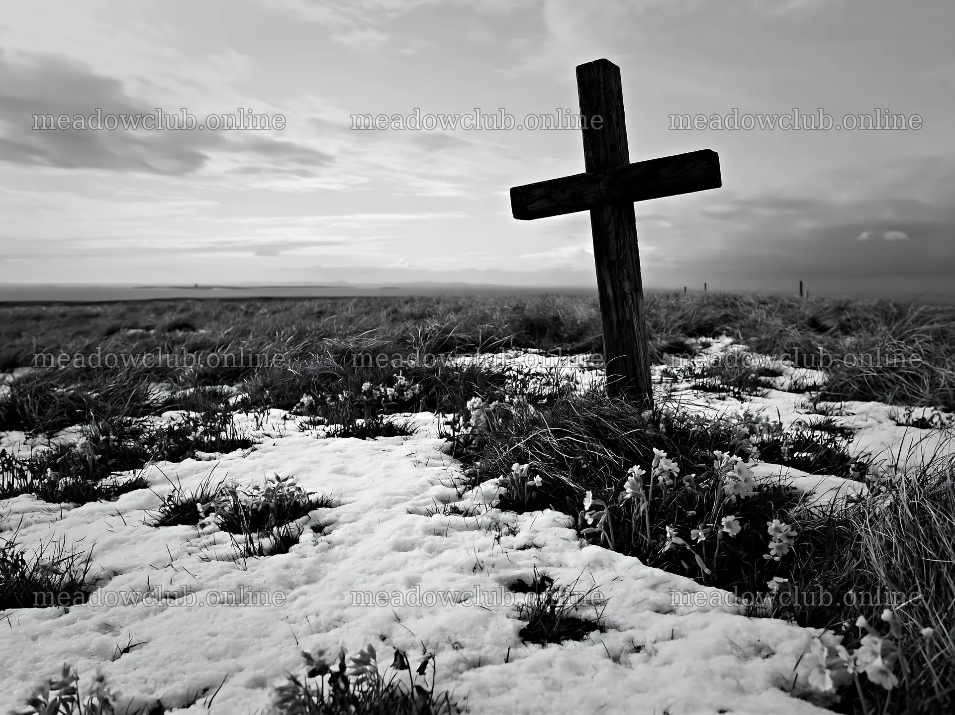 Weathered Christian cross standing in snowy meadow – meadow photos 9174x6866