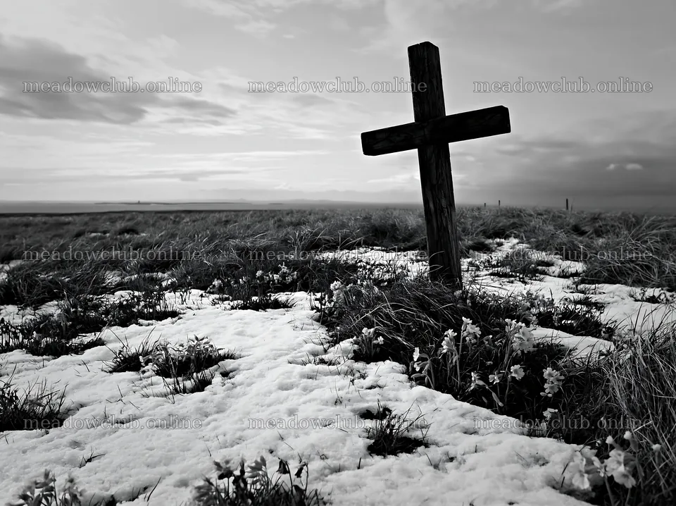 Weathered Christian cross standing in snowy meadow – meadow photos 9174x6866
