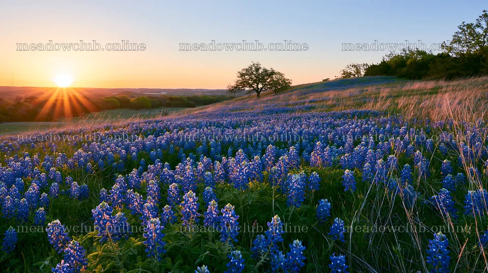 Bluebonnet meadow sunrise with golden light on flowers – meadow photos 10608x5938