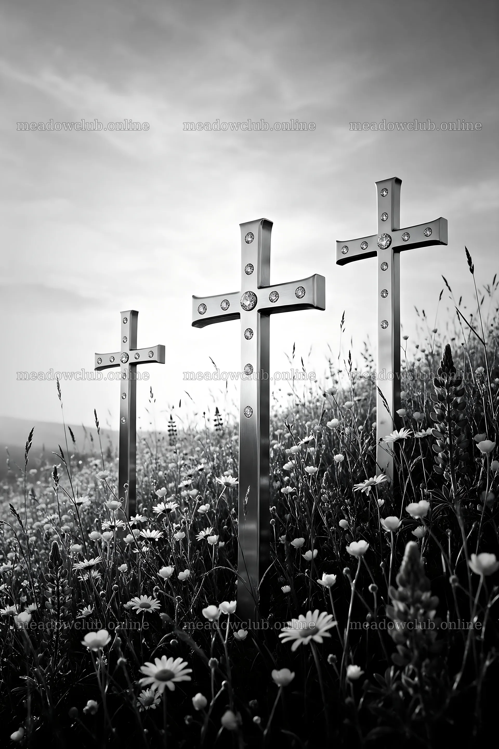 Christian crosses on meadow under sunrise with light rays – meadow photos 6480x9722