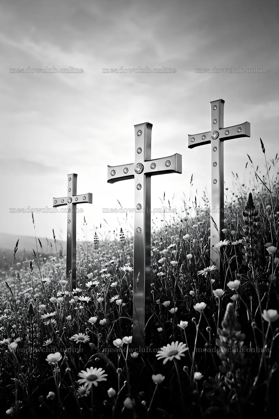 Christian crosses on meadow under sunrise with light rays – meadow photos 6480x9722