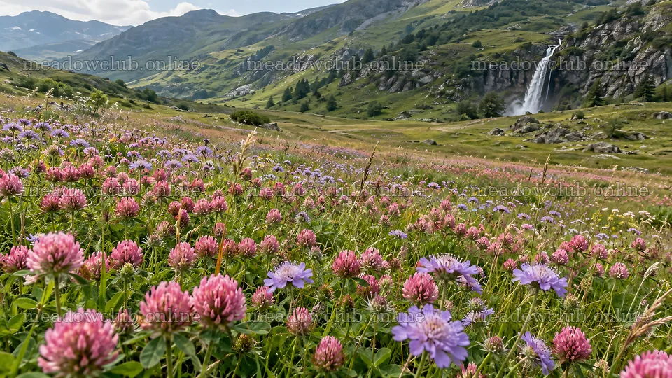 Alpine Wildflower Meadow Beneath a Mountain Waterfall – meadow photos 10324x5812