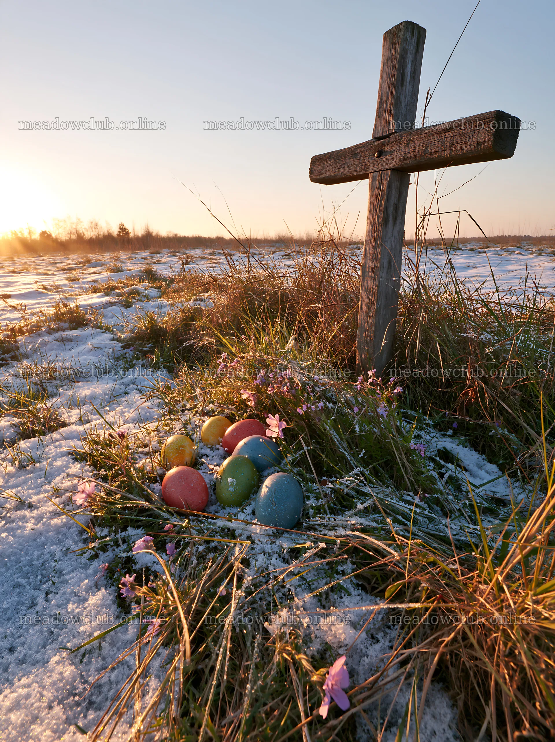 Weathered Christian cross in snowy meadow with colorful eggs – meadow photos 6866x9174