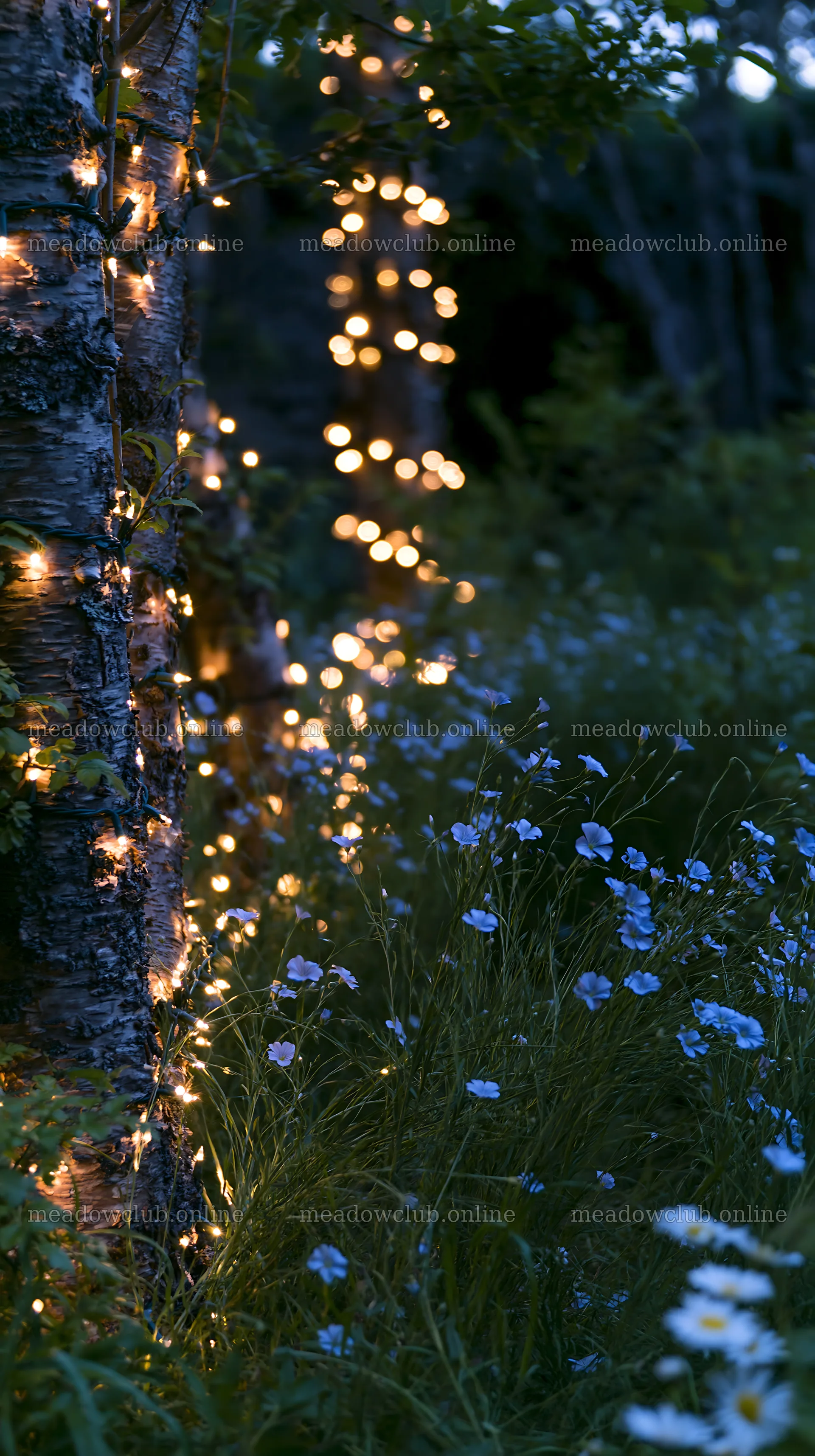 Christmas lights in meadow by cave at dusk – meadow photos 5938x10608