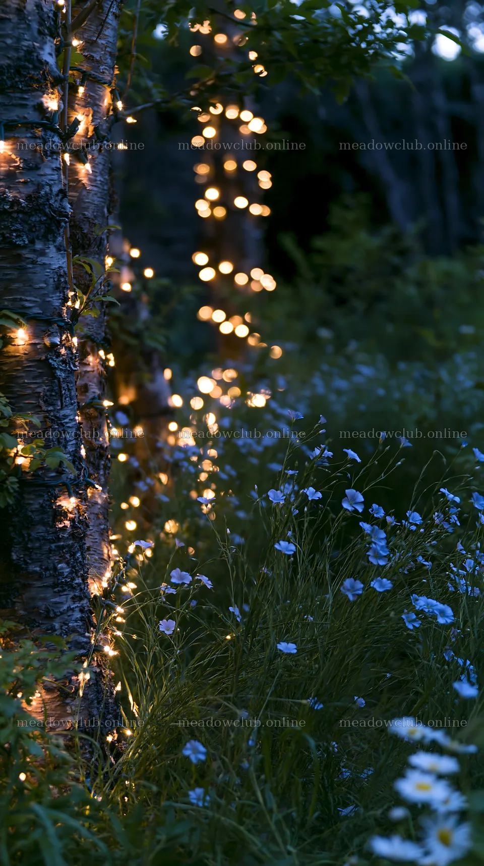 Christmas lights in meadow by cave at dusk – meadow photos 5938x10608