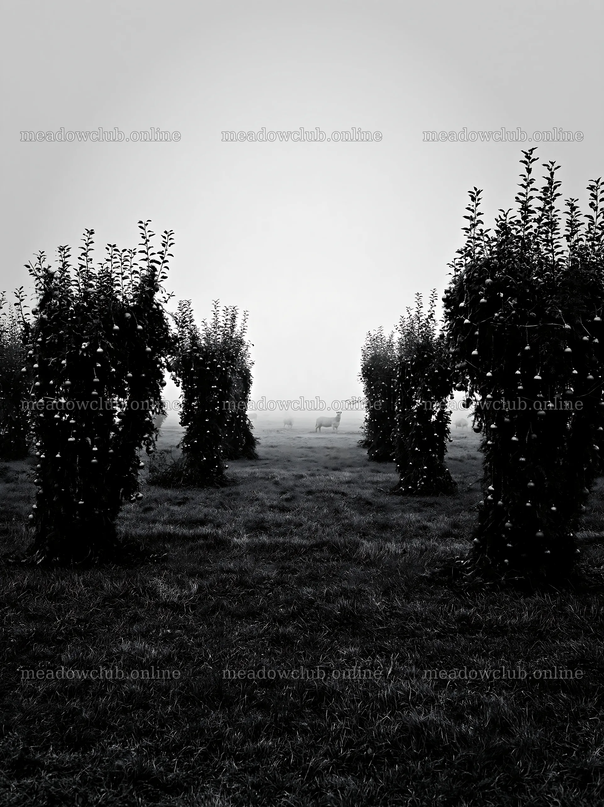Christmas meadow with apple trees and garlands in fog – meadow photos 6866x9174