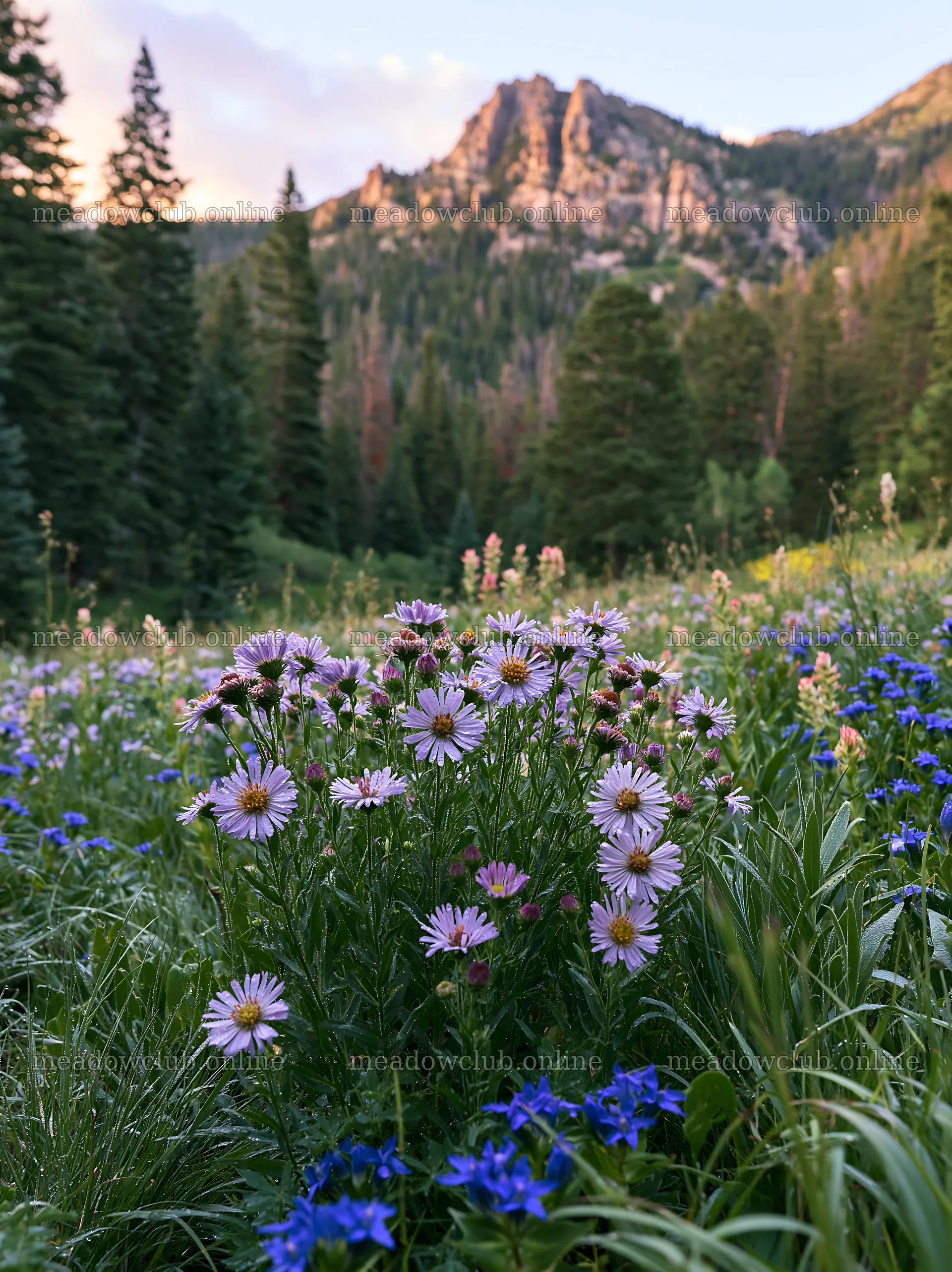 Flowers bloom in a pine forest meadow during sunset – meadow photos 6866x9174