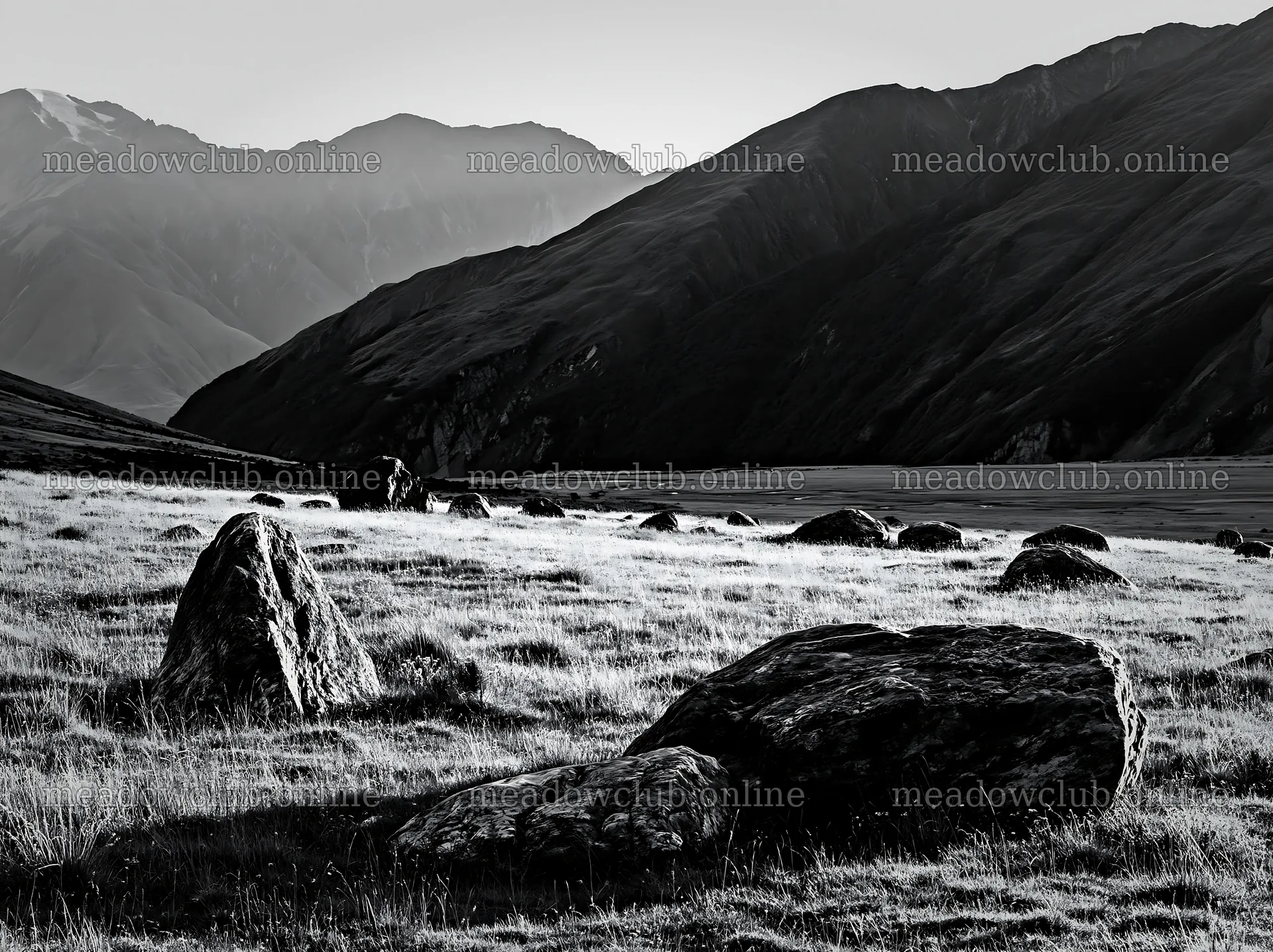 Meadow with boulders and mountains in the background – meadow photos 9174x6866