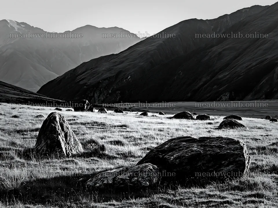 Meadow with boulders and mountains in the background – meadow photos 9174x6866