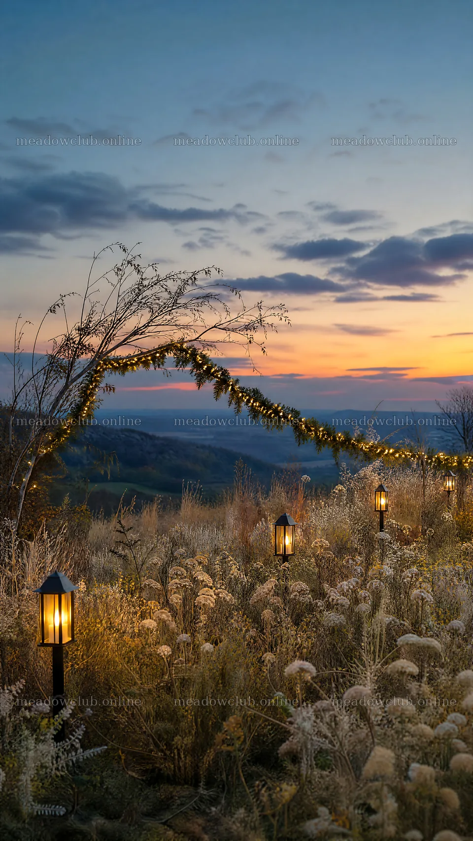 Vibrant Christmas lights glowing at dusk in meadow – meadow photos 5952x10584