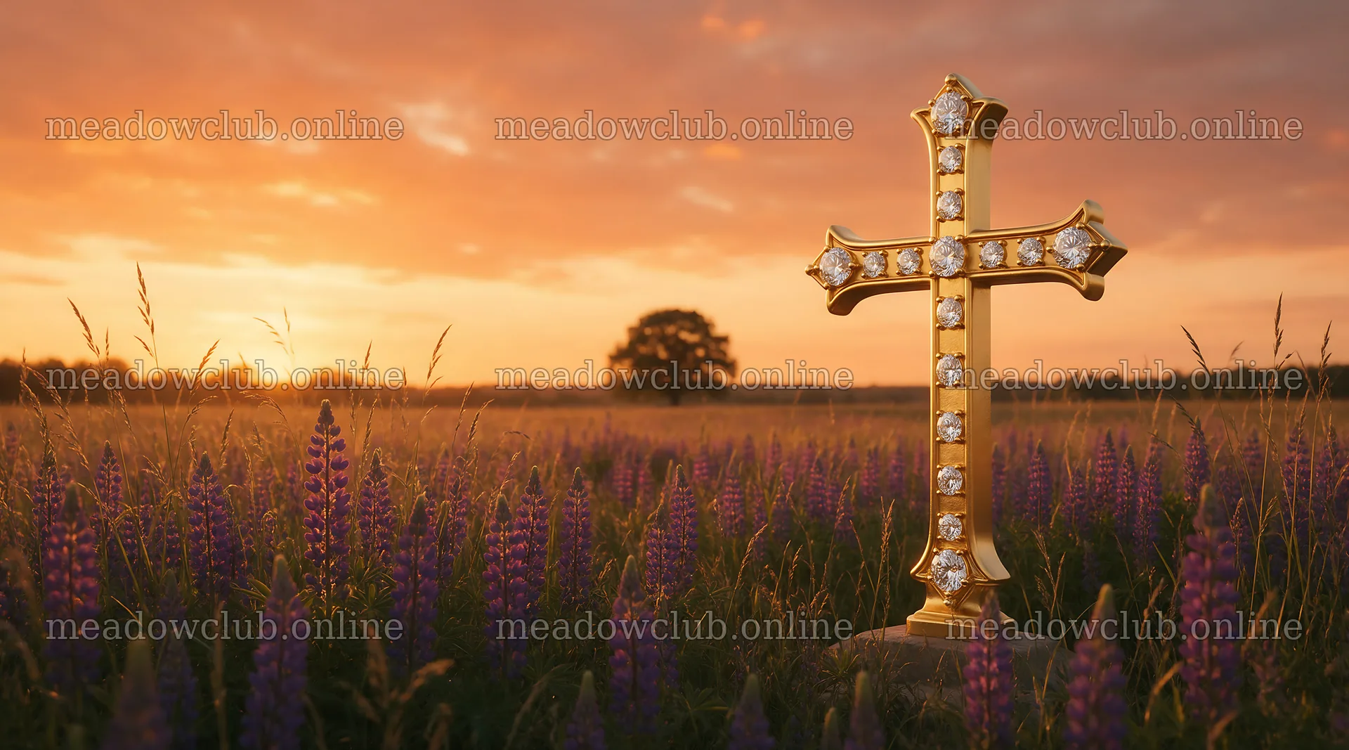 Golden Christian cross in sunset meadow with wildflowers – meadow photos 10648x5916