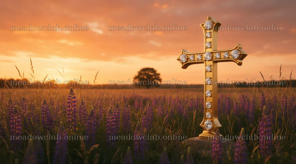 Golden Christian cross in sunset meadow with wildflowers – meadow photos 10648x5916