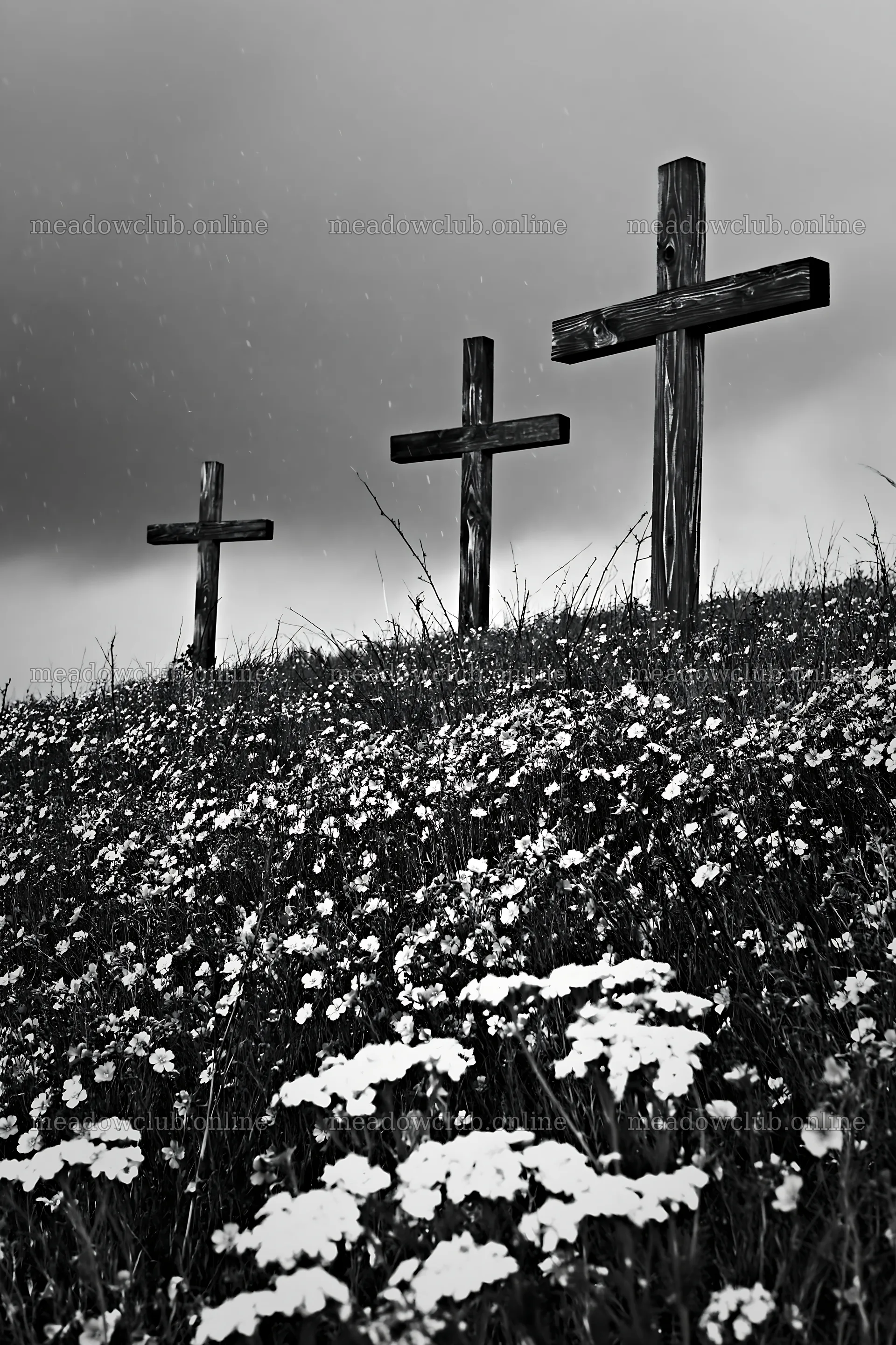 Rustic crosses in a winter meadow with flowers – meadow photos 6480x9722