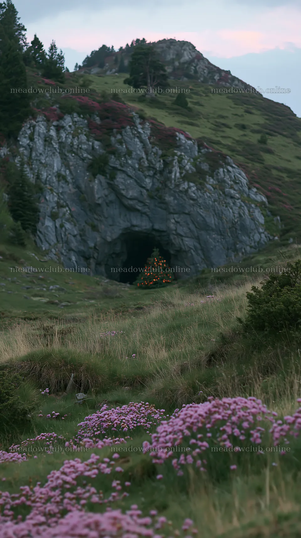 Christmas tree beyond cave in meadow with flowers – meadow photos 5938x10608