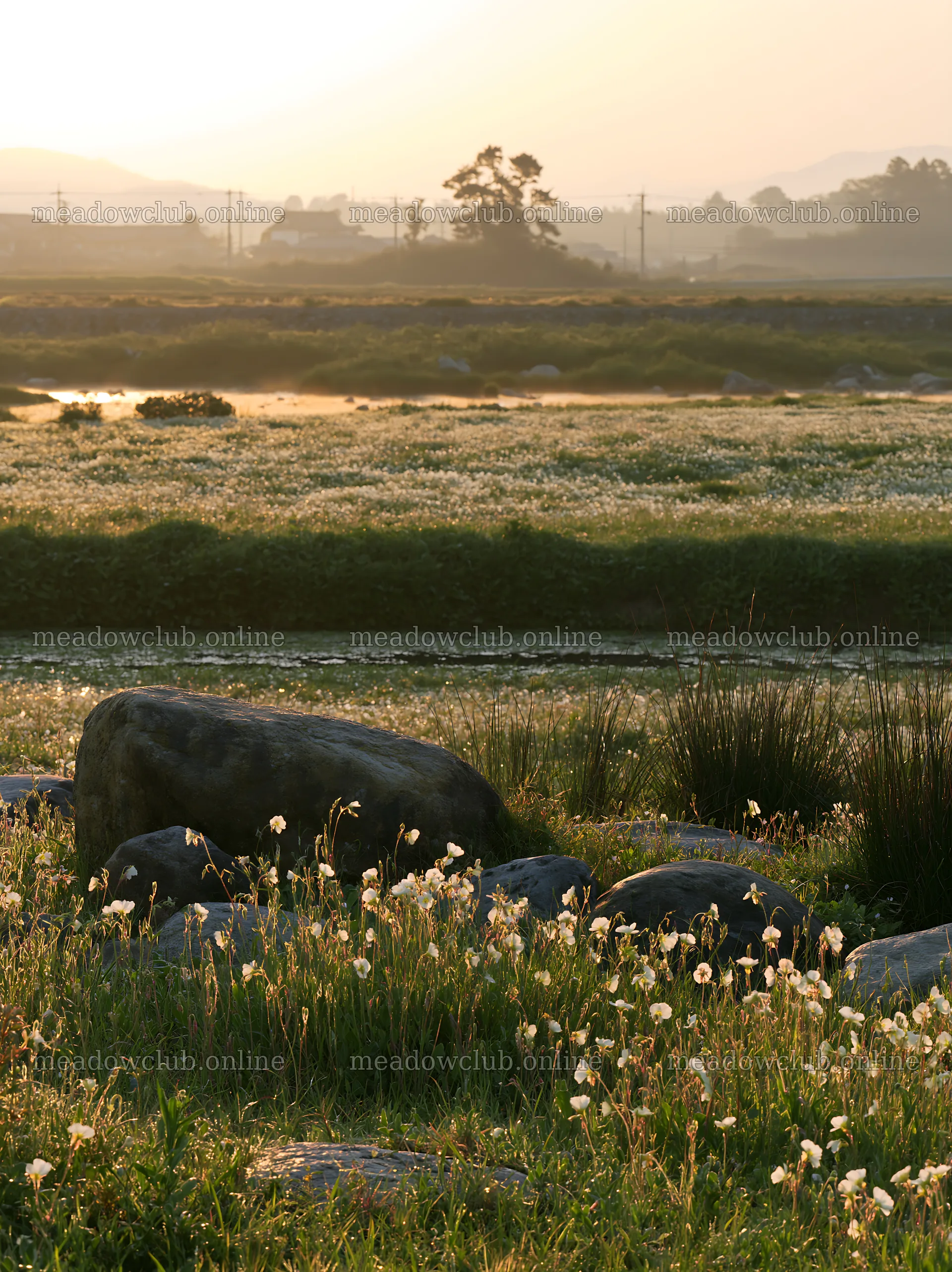 Spring wildflower meadow and stones in Kyoto at sunset – meadow photos 6866x9174