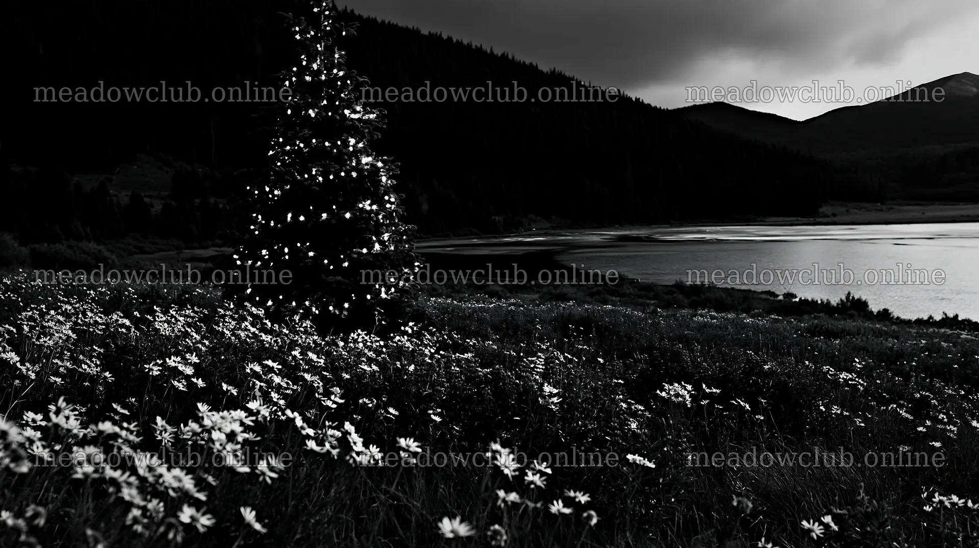 Christmas tree with lights in snowy mountain valley meadow – meadow photos 10608x5938
