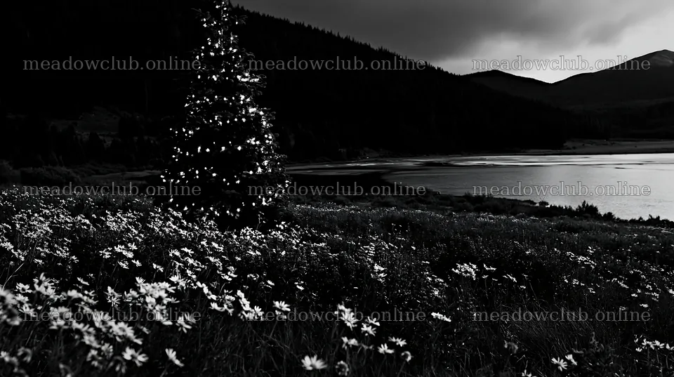 Christmas tree with lights in snowy mountain valley meadow – meadow photos 10608x5938