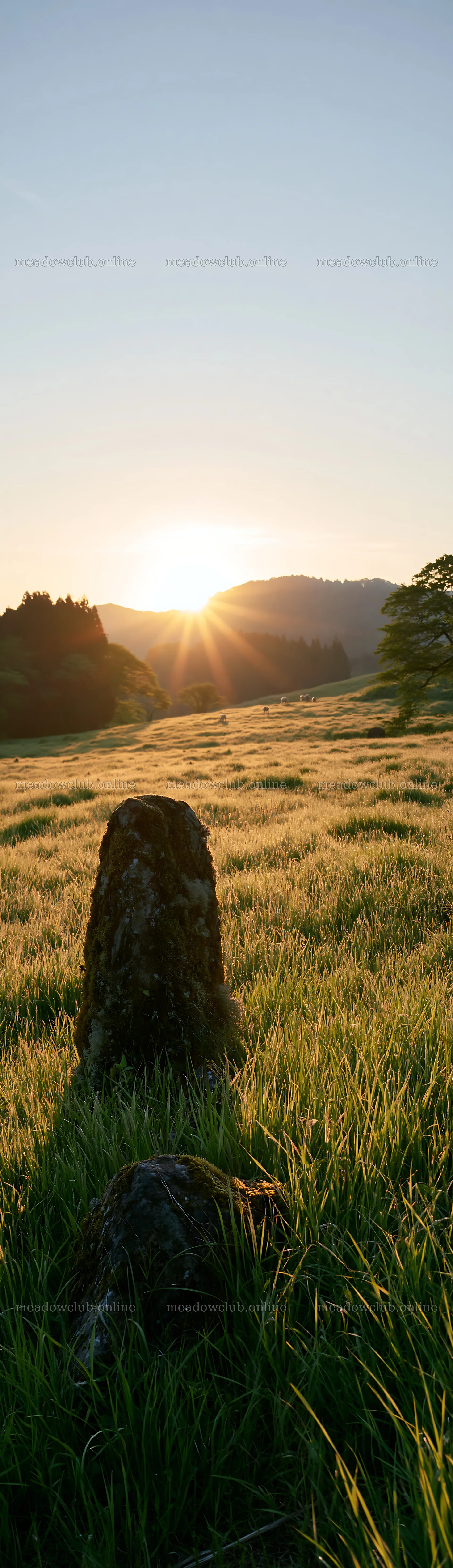 Miyagi spring recovery meadow mossy stone under sunrise – meadow photos 4268x14762