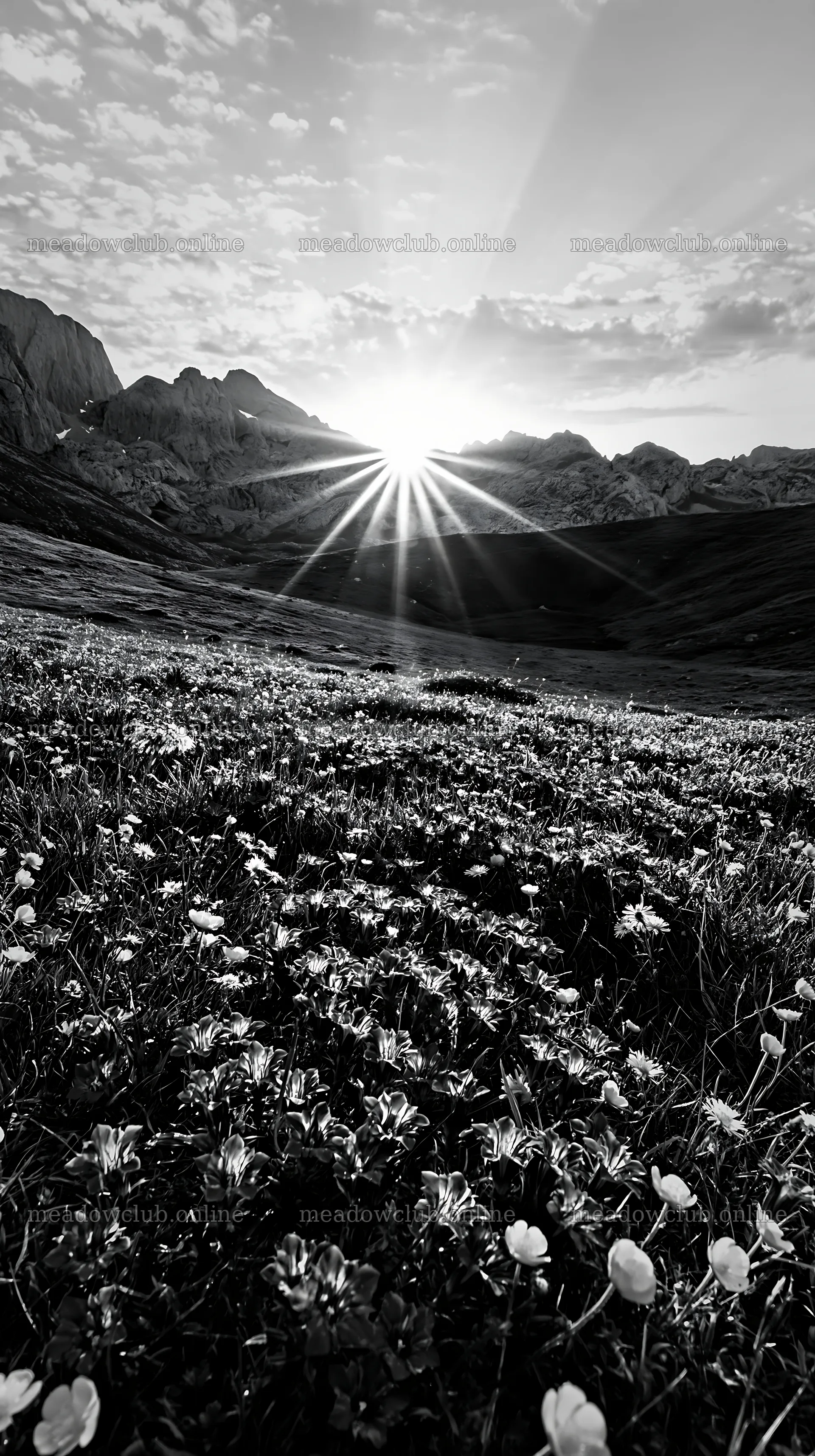 Sun rays over Picos de Europa meadow with wildflowers – meadow photos 5938x10608