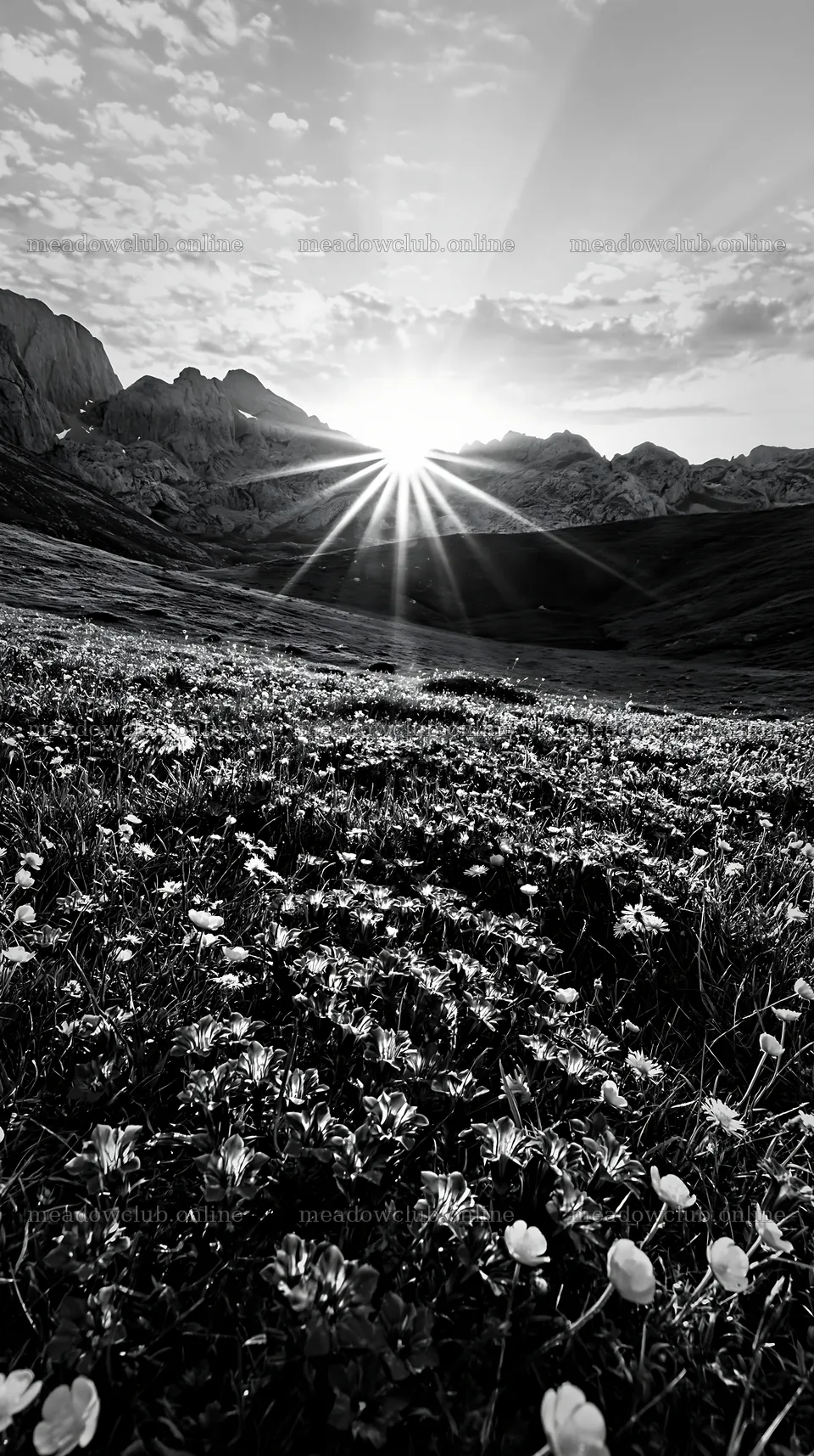 Sun rays over Picos de Europa meadow with wildflowers – meadow photos 5938x10608