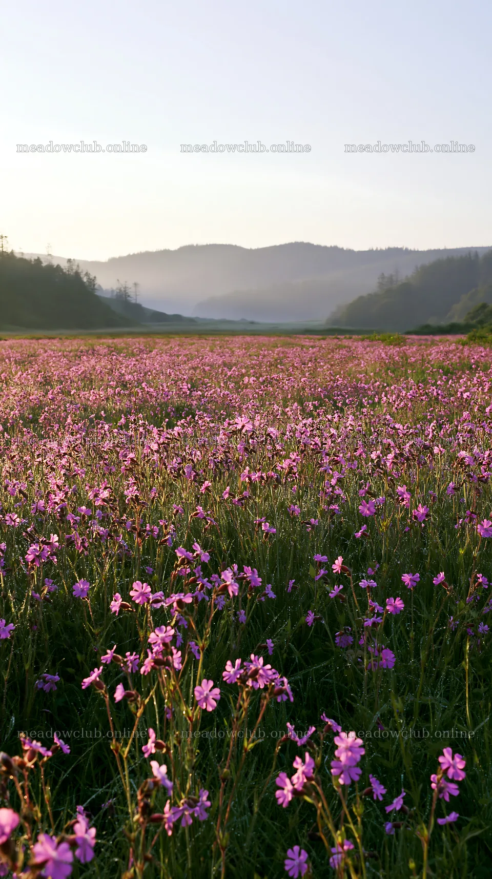 Pink campion meadow in a valley during golden hour – meadow photos 5938x10608