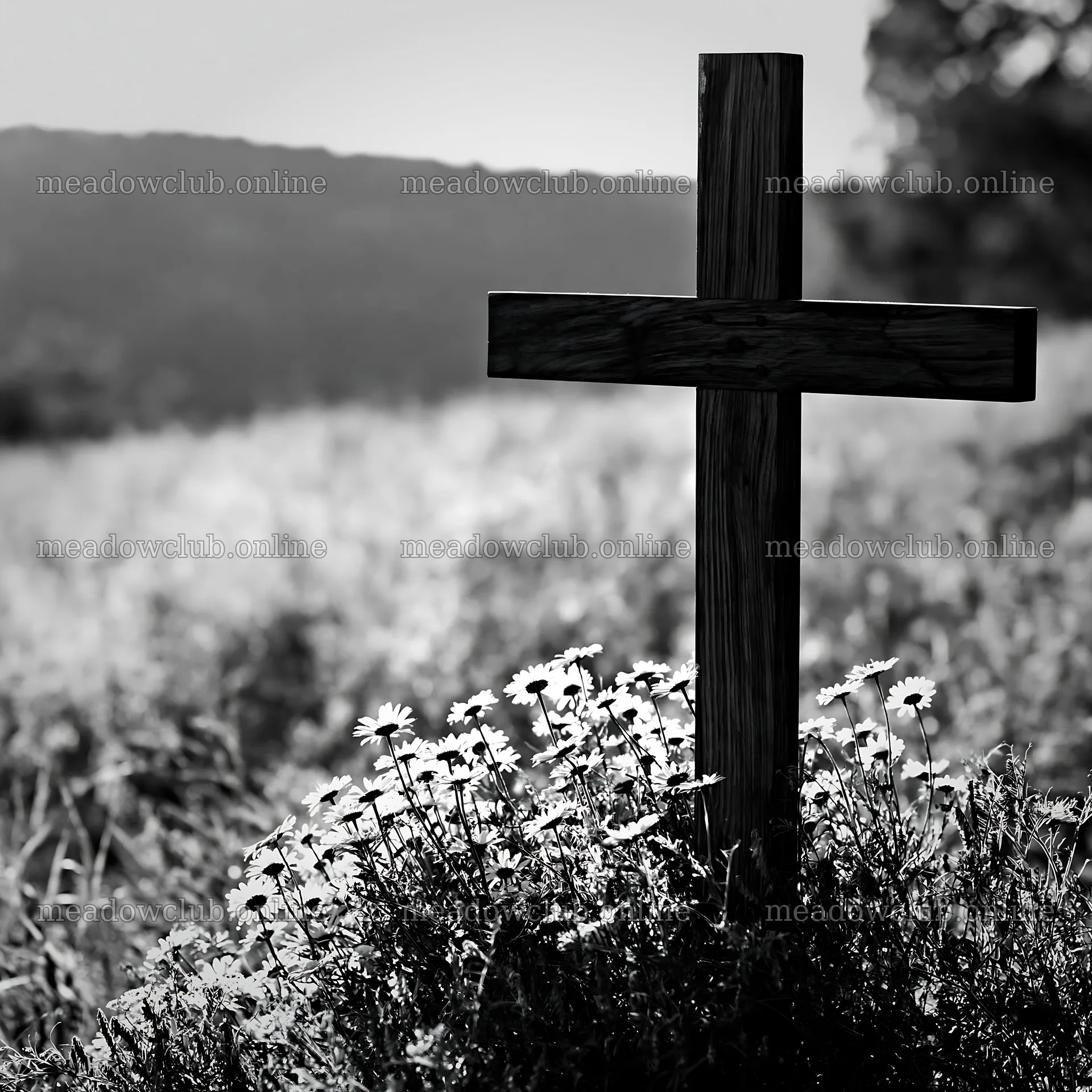 Cross in summer meadow with flowers at sunset – meadow photos 7938x7938