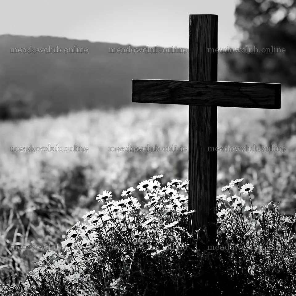 Cross in summer meadow with flowers at sunset – meadow photos 7938x7938